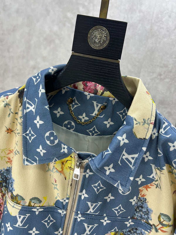 Close-up detail shot of Louis Vuitton luxury clothing with label-forward styling