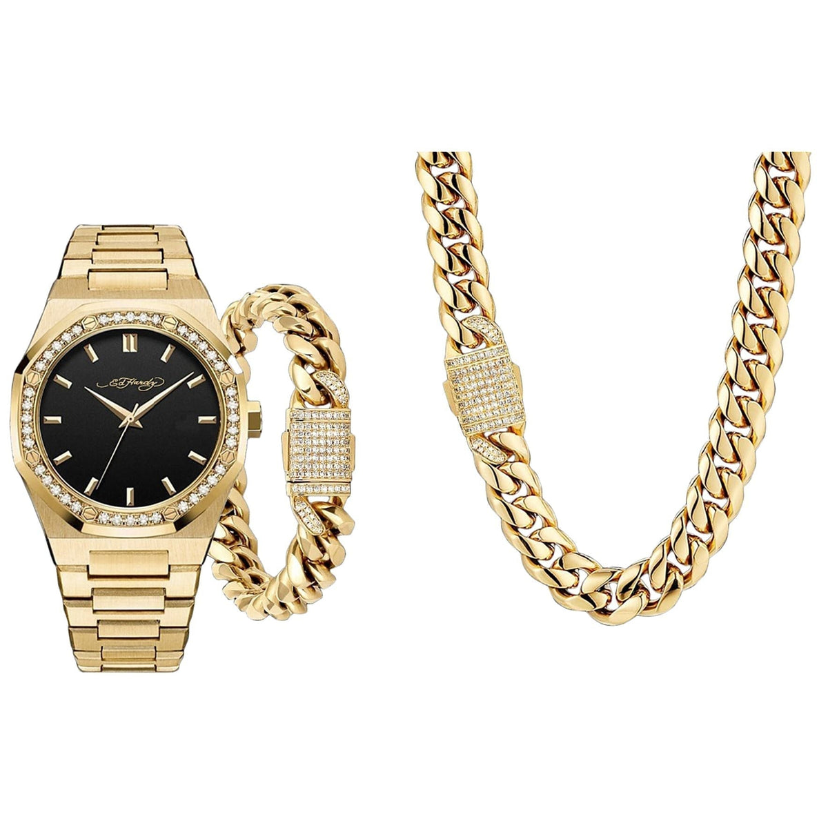 Close-up detail view of Ed Hardy men's gold bracelet