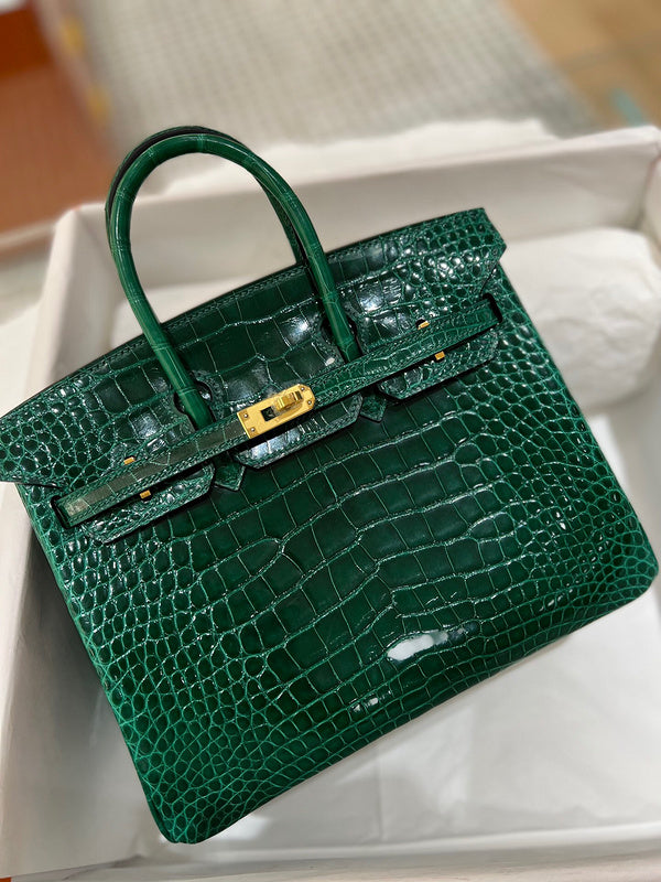 Side view of classic structured handbag