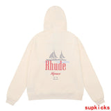 Close-up detail shot of Rhude luxury clothing with streetwear-inspired cut