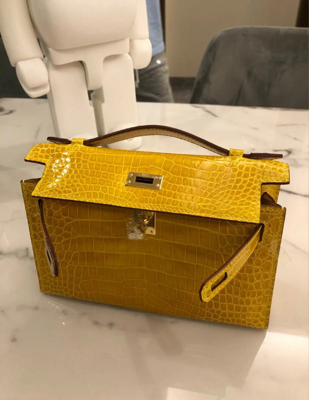 Side view of classic structured handbag