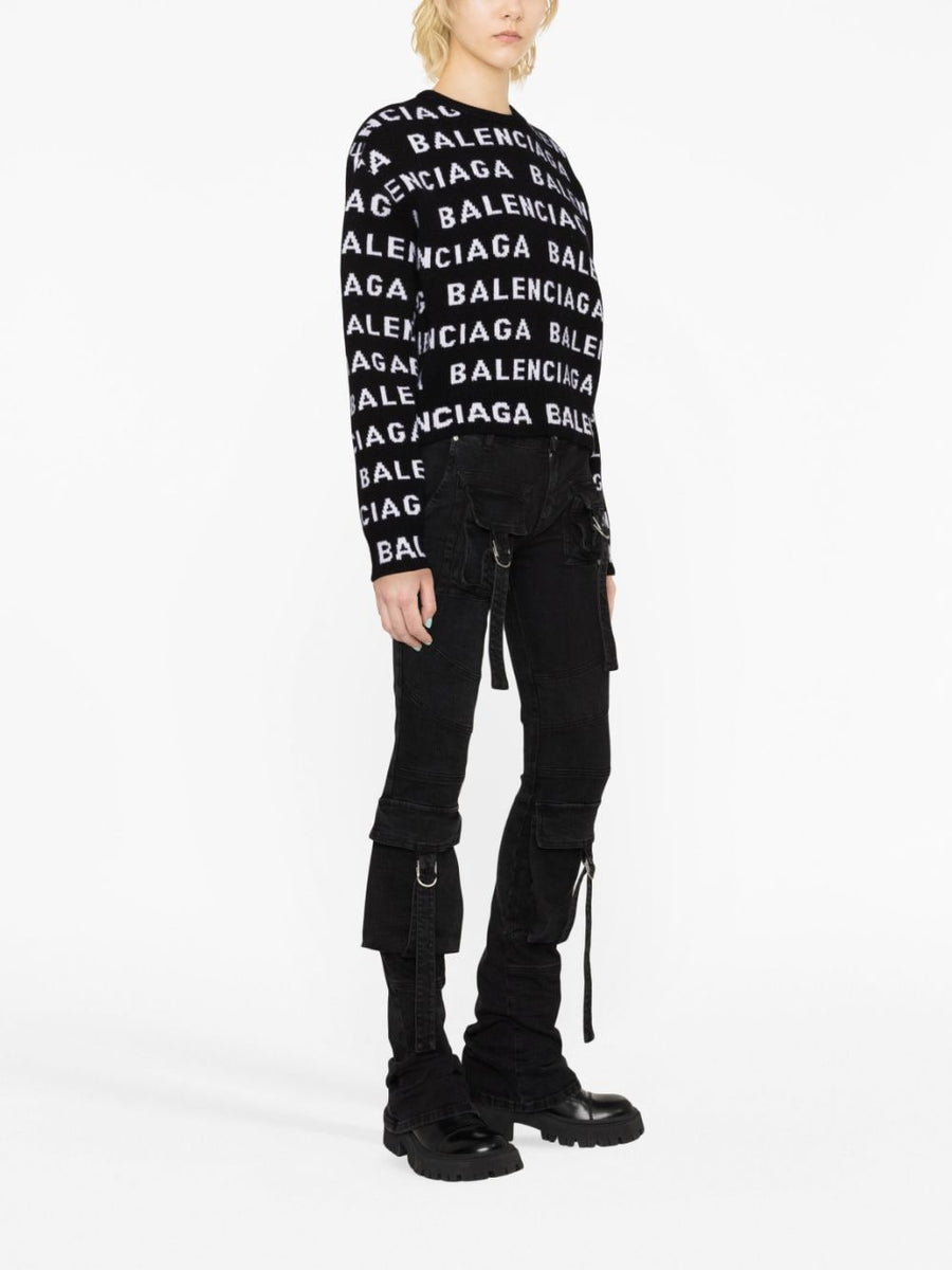 Balenciaga Sweaters- BALENCIAGA Allover Logo Wool Cropped Sweater for Women Premium Casual Designer Knitwear