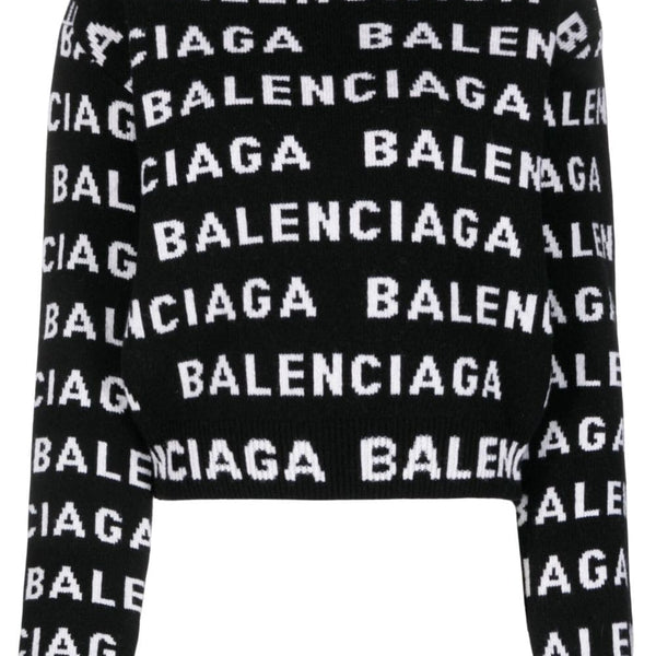 Balenciaga Sweaters- BALENCIAGA Allover Logo Wool Cropped Sweater for Women Premium Casual Designer Knitwear