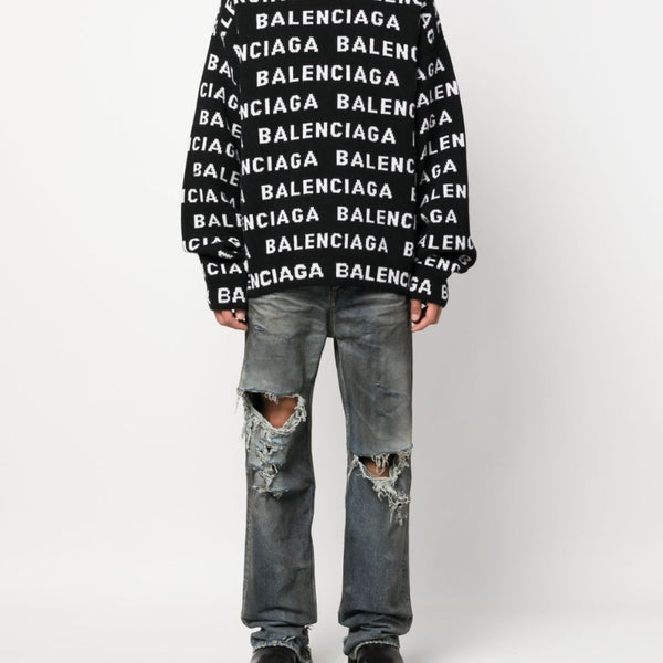 Balenciaga Sweaters- BALENCIAGA Allover Logo Crewneck Sweater - Men’s Size Luxury Designer Knit Sweater