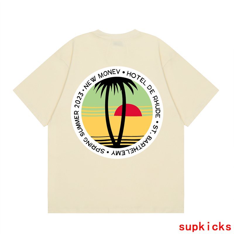 Front view of Rhude luxury clothing with signature branding