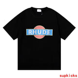Back view of Rhude luxury clothing with label-forward styling