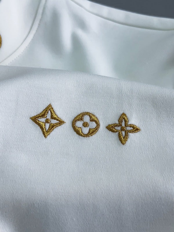 Front view of Louis Vuitton luxury clothing with everyday silhouette