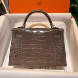 Side view of understated structured handbag