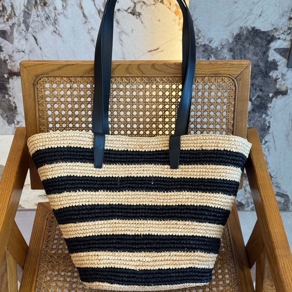 Front view of Celine Striped Couffin Panier Bag premium cel striped couffin panier bag