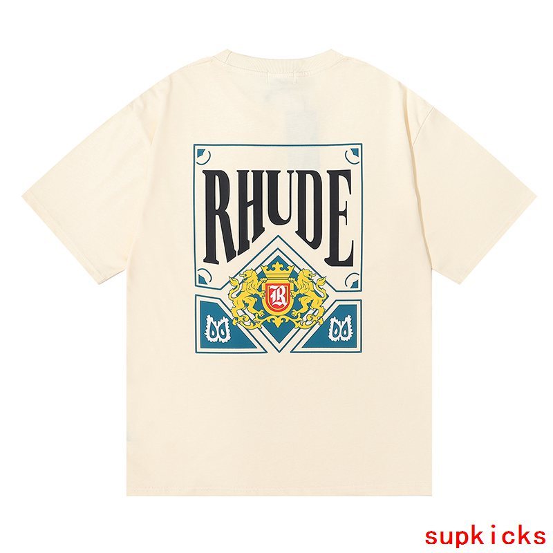 Flat lay presentation of Rhude luxury clothing with monogram-inspired silhouette