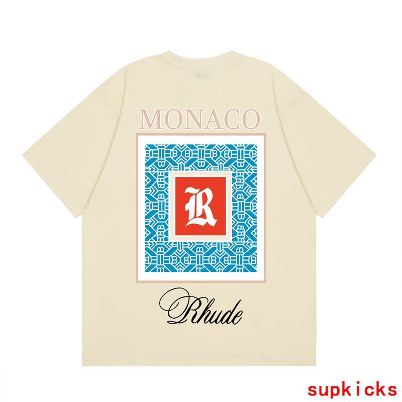 Side profile of Rhude luxury clothing with signature branding