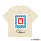 Side profile of Rhude luxury clothing with signature branding