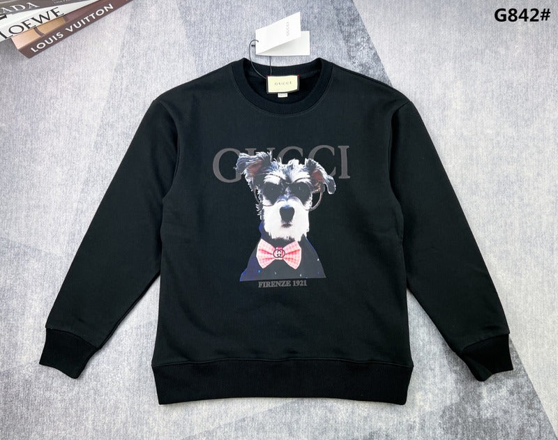 Front view of Gucci luxury clothing with signature branding