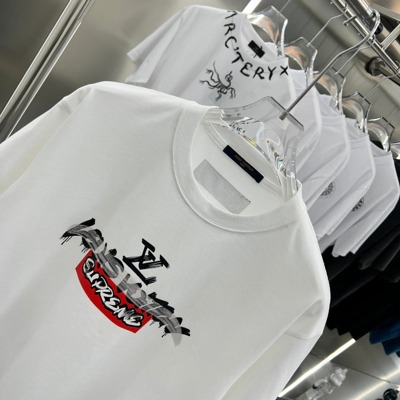 Close-up detail shot of Louis Vuitton cotton t-shirt with monogram-inspired silhouette
