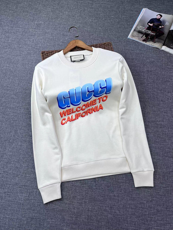 Front view of Gucci luxury clothing with signature branding
