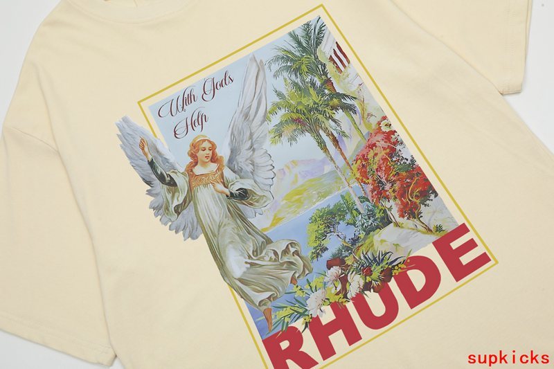 Close-up detail shot of Rhude luxury clothing with logo-detail design