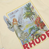 Close-up detail shot of Rhude luxury clothing with logo-detail design