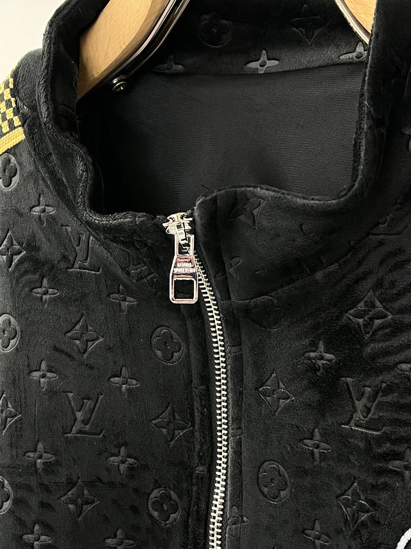 Close-up detail shot of Louis Vuitton luxury clothing with streetwear-inspired cut