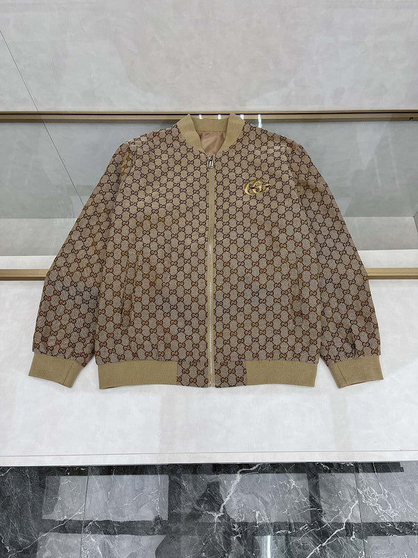 Front view of Gucci luxury clothing with monogram-inspired silhouette