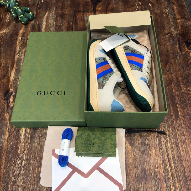 Side profile of Gucci neutral cream sneakers breathable knit upper