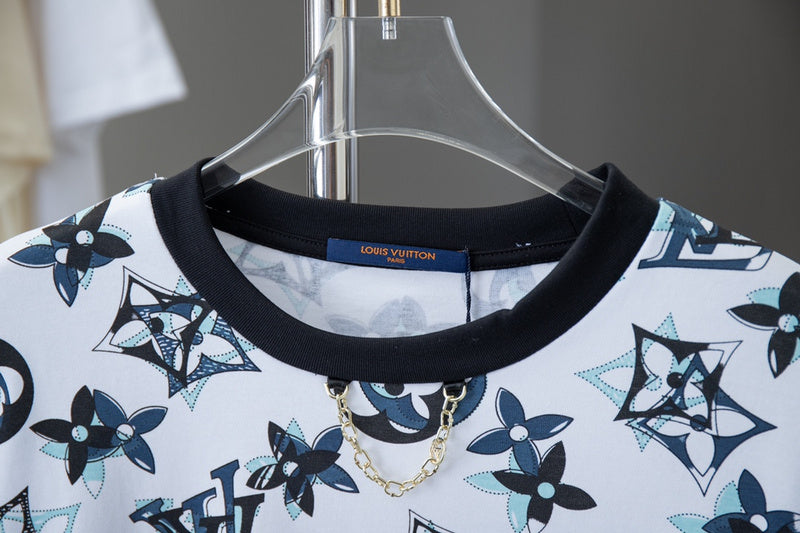Close-up detail shot of Louis Vuitton cotton t-shirt with logo-detail design