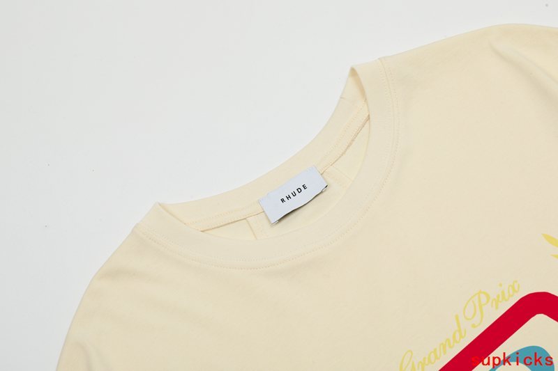 Side profile of Rhude luxury clothing with signature branding