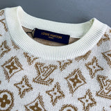 Flat lay presentation of Louis Vuitton luxury clothing with monogram-inspired silhouette