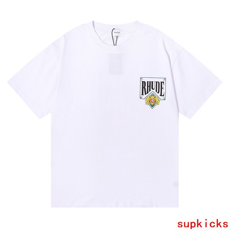 Front view of Rhude luxury clothing with monogram-inspired silhouette