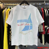 Side profile of Rhude luxury clothing with relaxed-fit cut
