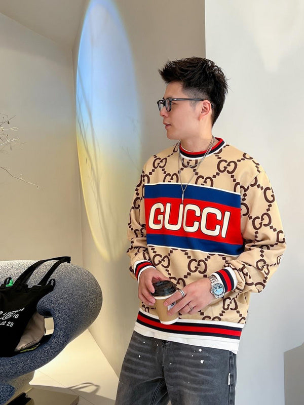 Side profile of Gucci luxury clothing with logo-detail design