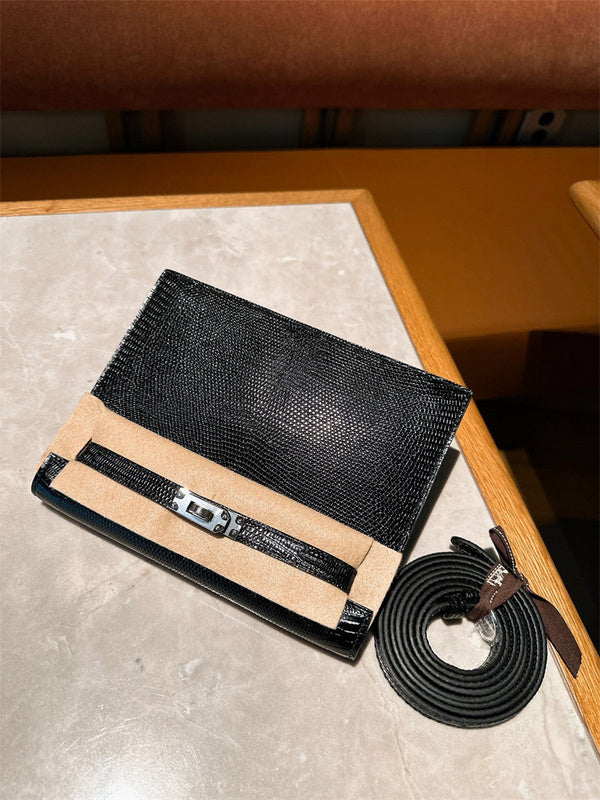 Side view of clean-lined structured handbag