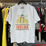 Flat lay presentation of Rhude luxury clothing with relaxed-fit cut