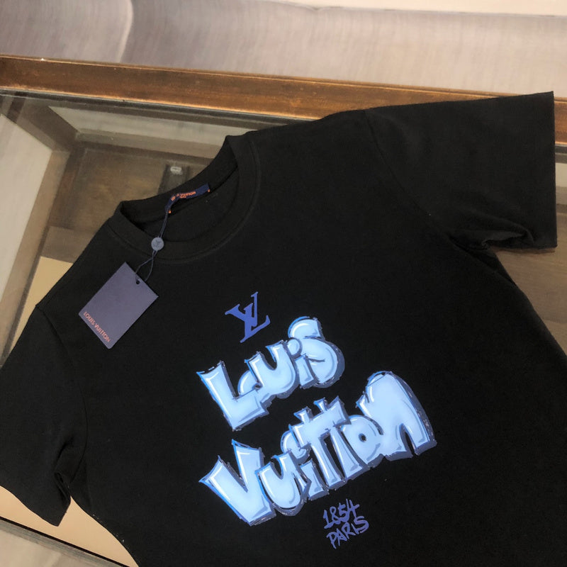 Close-up detail shot of Louis Vuitton cotton t-shirt with label-forward styling