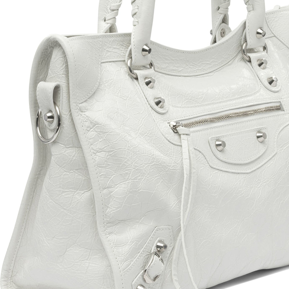 Close-up of Balenciaga shoulder bags hardware and fine stitching