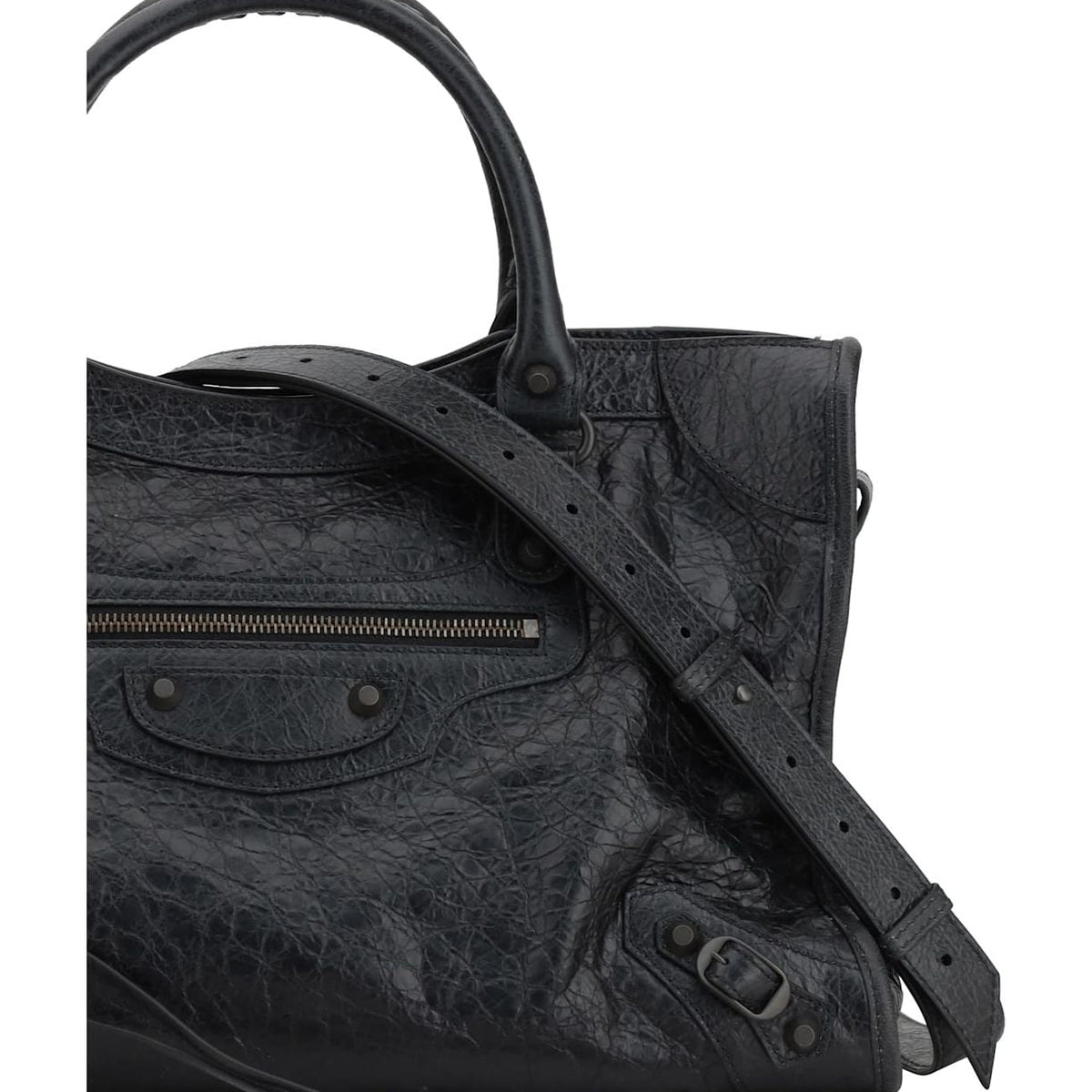 Close-up of Balenciaga totes hardware and fine stitching