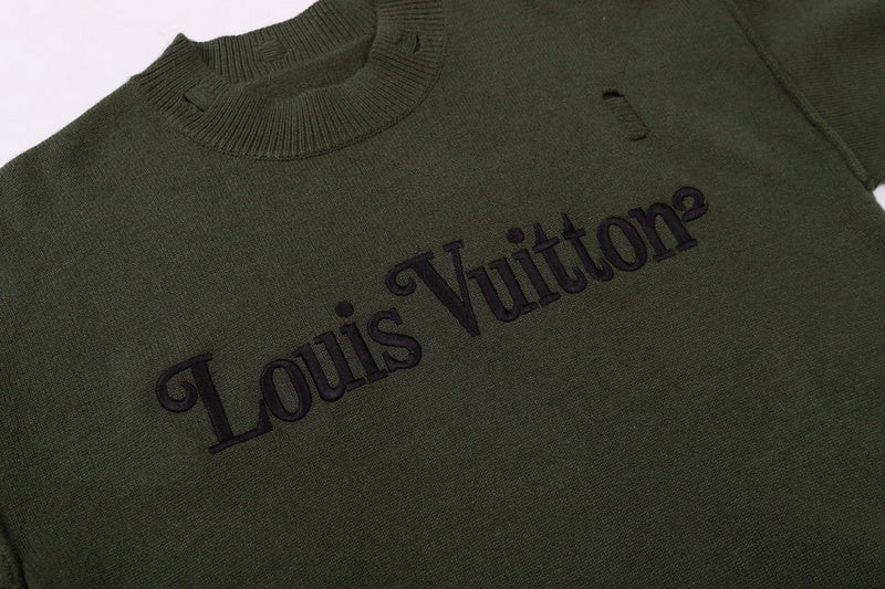 Front view of Louis Vuitton luxury clothing with label-forward styling