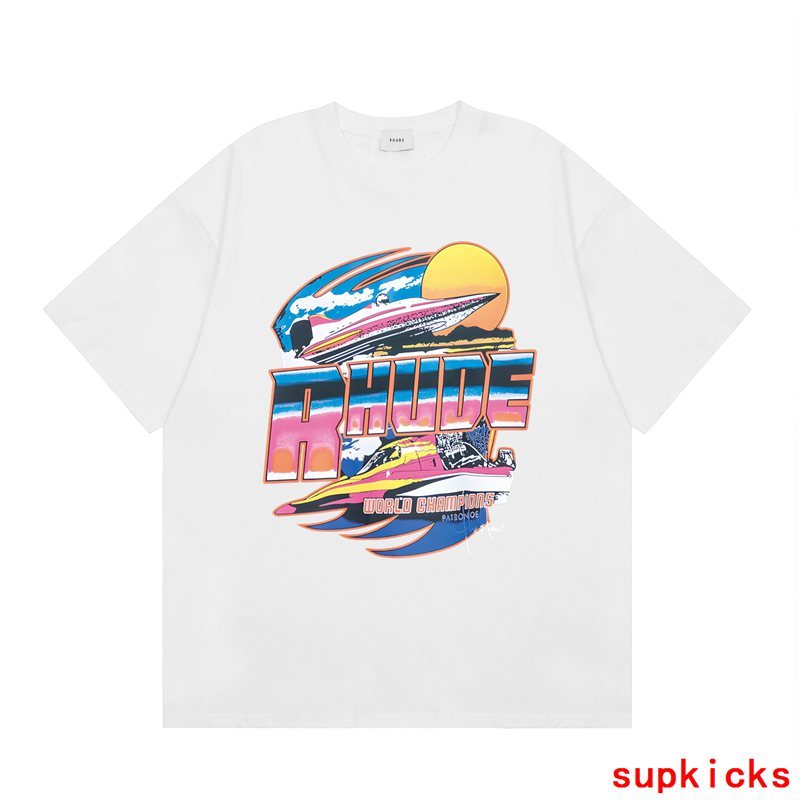 Full styled look of Rhude luxury clothing with signature branding