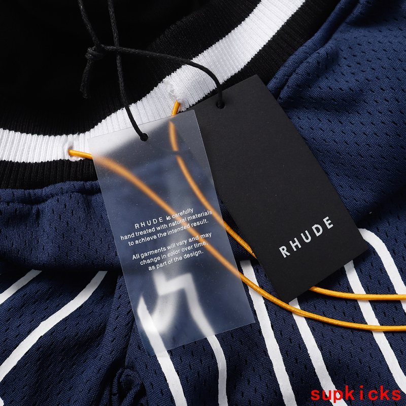 Close-up detail shot of Rhude luxury clothing with logo-detail design
