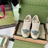 Side profile of Gucci soft grey sneakers chunky sole construction