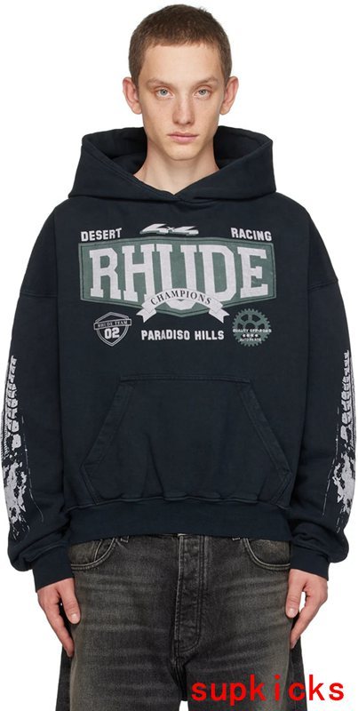 Back view of Rhude luxury clothing with signature branding