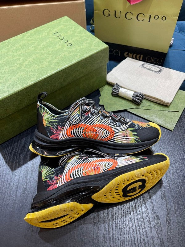 Side profile of Gucci bold contrast sneakers streetwear statement look