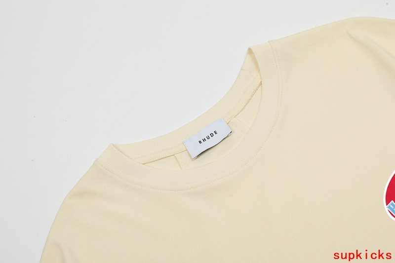 Close-up detail shot of Rhude luxury clothing with logo-detail design