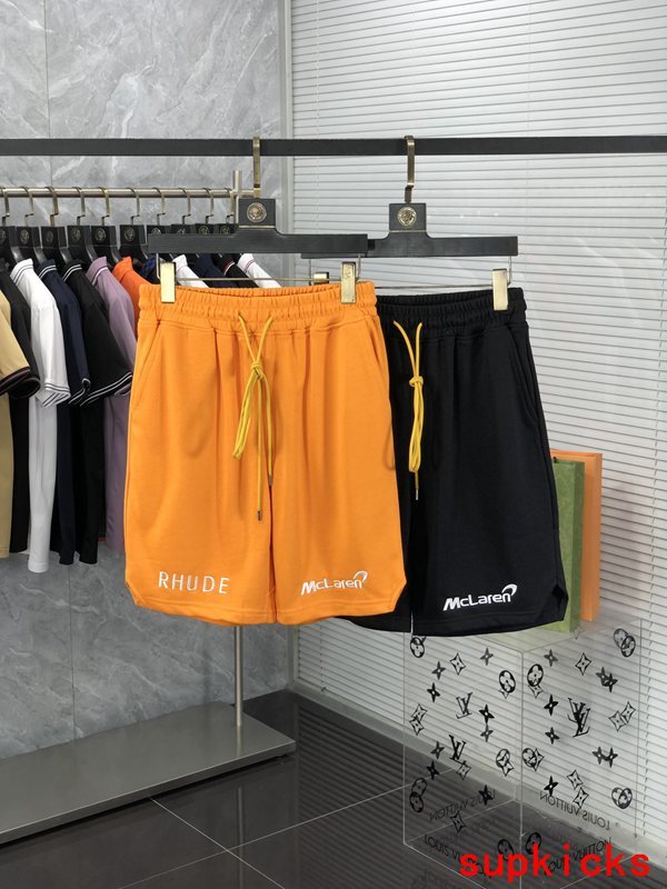 Close-up detail shot of Rhude luxury clothing with label-forward styling