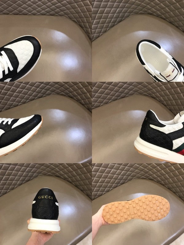 Side profile of Gucci fresh white-and-black sneakers signature lace-up style