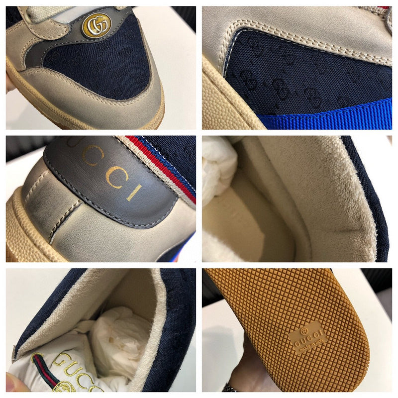 Side profile of Gucci soft grey sneakers classic court silhouette