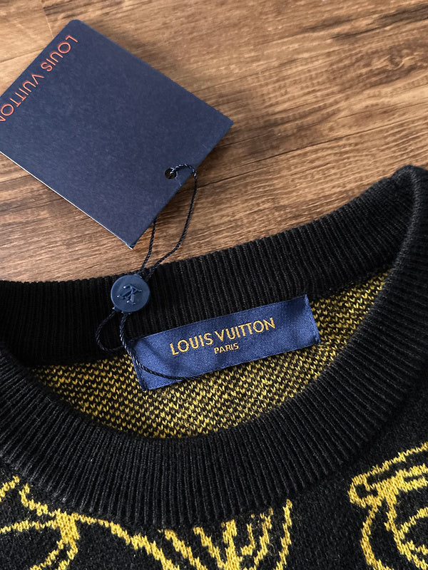 Full styled look of Louis Vuitton luxury clothing with logo-detail design