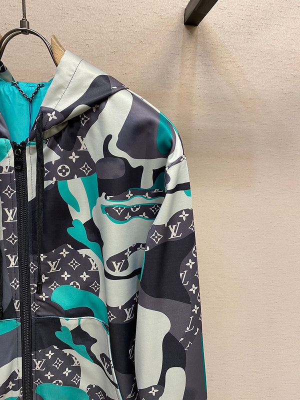 Close-up detail shot of Louis Vuitton luxury clothing with tailored silhouette