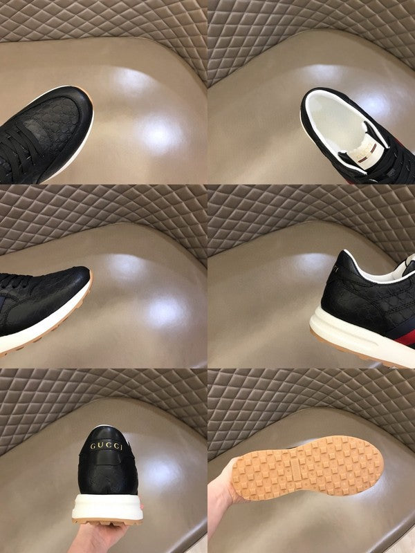 Side profile of Gucci muted earth tones sneakers retro runner design