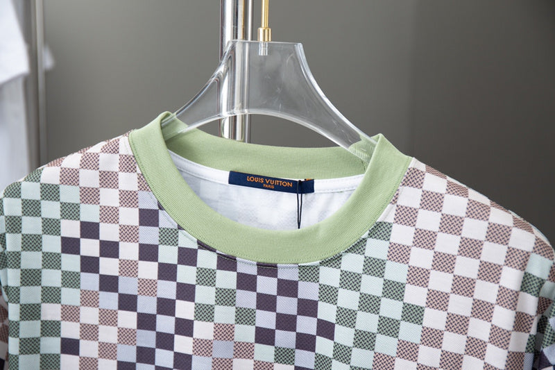 Close-up detail shot of Louis Vuitton cotton t-shirt with monogram-inspired silhouette