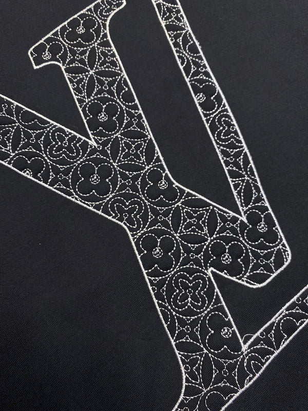 Close-up detail shot of Louis Vuitton luxury clothing with runway-inspired design